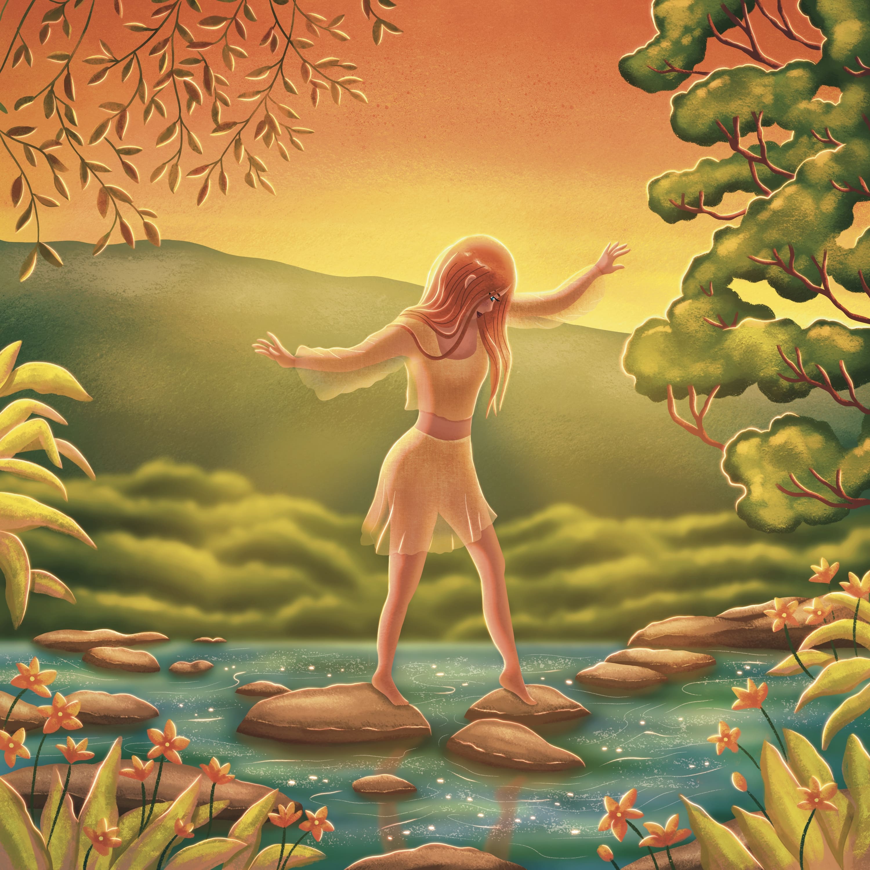 illustration femme sur un ruisseau